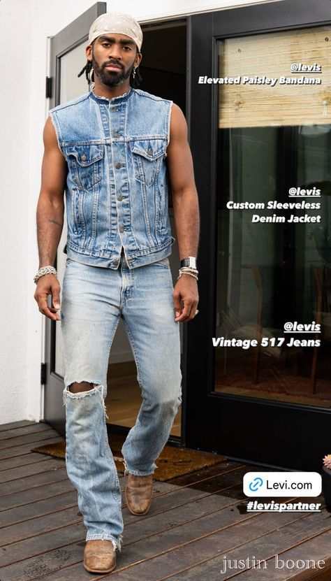 Men’s Denim Outfit, Men Cowboy Outfits, Cowboy Streetwear, Western Outfits Mens, Jean Vest Outfits, Denim Outfit Men, Sleeveless Jean Jackets, Urban Cowboy, Trendy Boy Outfits