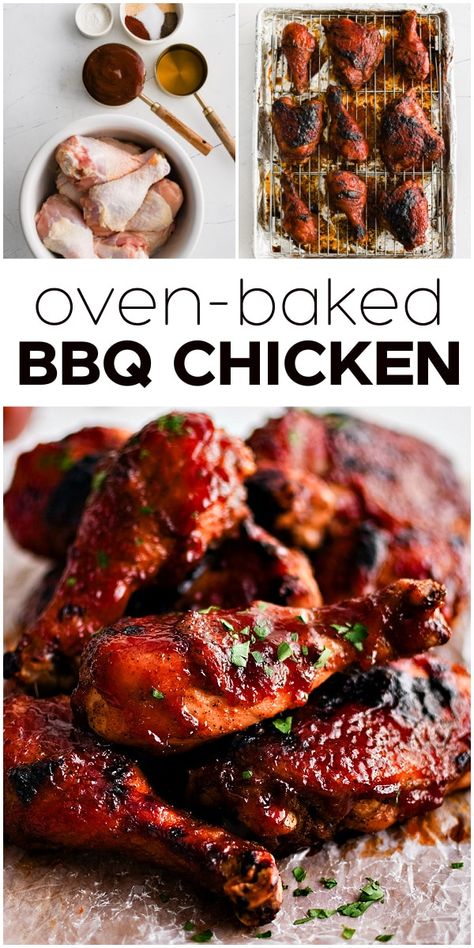 This Easy Baked BBQ Chicken Recipe is moist and juicy on the inside and deliciously charred and sticky on the outside. Super easy to make, it’s the best oven-baked barbecue chicken and perfect for year-round family dinners. Best Oven Bbq Chicken, Whole Barbeque Chicken, Bar B Q Chicken In Oven, Oven Bbq Chicken Drumsticks, Bbq Chicken Recipes Oven, Bbq Chicken Oven Baked, Bbq Chicken In Oven, Barbecue Chicken In The Oven, Bbq Chicken Bake