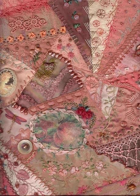 Pink Quilt Pattern, Crazy Quilts Patterns, Pink Quilt, Crazy Quilt Stitches, Pink Patchwork, Crazy Quilt Blocks, Crazy Patchwork, Crazy Quilting, Peachy Keen