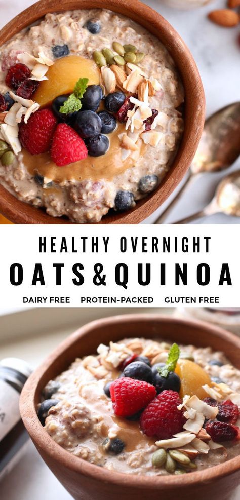 Breakfast just got easy with this no cook, vegan, overnight oats and quinoa recipe! It's vegan, super healthy, gluten free, and packed with protein! #glutenfree #overnightoats #dairyfree #vegan #breakfast Healthy Vegan Overnight Oats, Overnight Oats And Quinoa, Overnight Oats With Quinoa, Quinoa Oatmeal Breakfast, Quinoa Overnight Breakfast, Quinoa Overnight Oats, Overnight Grains, Puffed Quinoa Recipes, Overnight Quinoa Breakfast