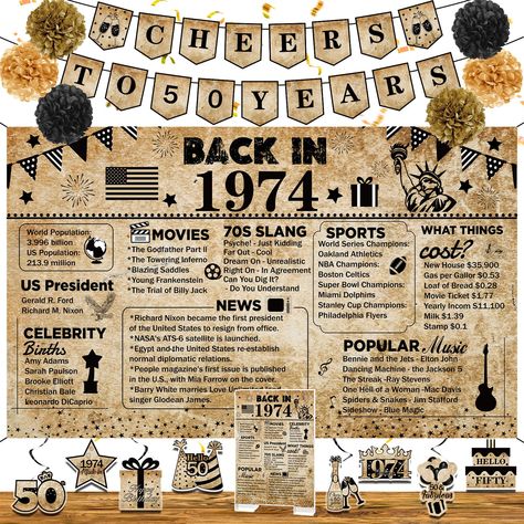 PRICES MAY VARY. 🎁50th Birthday Decorations Kit: The 50th birthday decorations kit includes 1 Back in 1974 banner backdrop,1 back in 1974 poster,1 cheers to 50 years banner, 8pcs hanging swirls, 6pcs paper poms. These 50th birthday decorations are enough to meet your different decorating needs, and easily create a strong birthday atmosphere for your home 🌻Product Size: The classy vintage birthday decorations is sized at 70.8 inches x 43.3 inches. The banner is large enough to cater to your par 50th Birthday Wooden Gifts, Back In 1974 Poster, 50th Birthday Main Table, Fun 50th Birthday, Made In 1972 Birthday, 50th Bday Decoration Ideas, 50th Birthday Decoration Ideas For Men, 50th Birthday Decoration Ideas, 50 Birthday Party Ideas