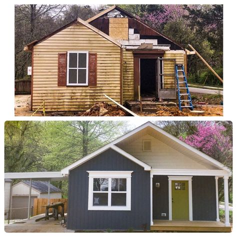 bathroom before and after, kitchen before and after, front porch addition, california casual, cottage, small kitchen, small bathroom remodel, small bathroom, board and batten siding, renovation Dark Blue Board And Batten Siding, Navy Cottage Exterior, Dark Blue Cottage Exterior, Siding Before And After, Dark Blue Board And Batten Exterior, New Siding On House Before And After, Brick And Batten Before And After, Navy Blue Board And Batten Exterior, Blue Siding White Trim