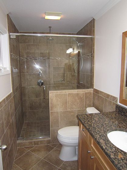 Idea for bathroom remodel. looks like our cabinetry from upstairs. too much tile; wood floor? Bathroom With Brown Tile Floor, Bathroom Remodel Small Diy, Basement Bathroom Remodeling, Shower Style, Tile Wood, Small Bedrooms, Tiled Shower, Tile Color, Shower Walls