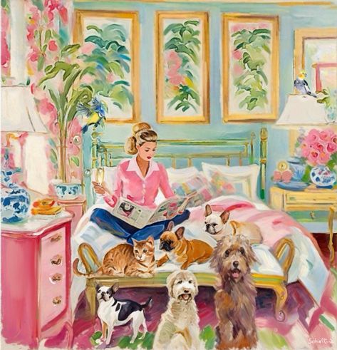 Peggy Abrams Art, Grand Millennial Art, Lowcountry Aesthetic, Abigailcore Aesthetic, Whimsical Art Illustrations, Grandmillenial Art, Grandmillennial Art, Grandmillennial Aesthetic, Foyer Art