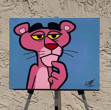 Disney Character Paintings Easy, Tweety Canvas Painting, Cartoon Oil Painting, Small Canvas Art Cartoon, Pink Panther Painting Canvas, Random Painting Ideas On Canvas Funny, Pop Culture Painting Ideas, Cute Blue Paintings Easy, Goofy Painting Ideas