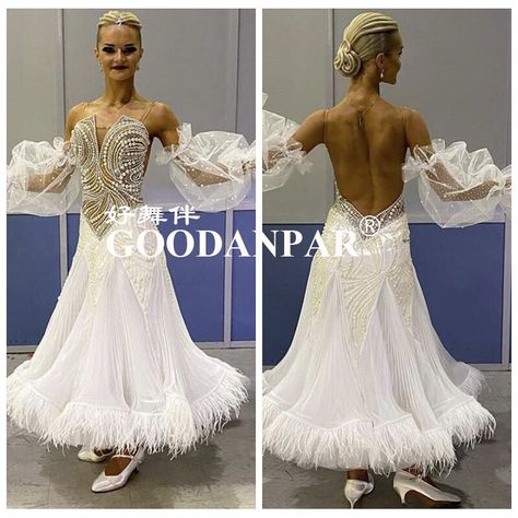 2020 new white costumes ballroom dance dress for women competition standard dress dancing clothes long sleeveostrich feather|Ballroom| - AliExpress White Ballroom Dress, Ballroom Dance Dresses Standard, White Ballroom, Smooth Dance Dresses, Ballroom Dress Inspiration, Ballroom Standard Dress, Standard Dance, Dancing Clothes, Ballroom Dance Dress