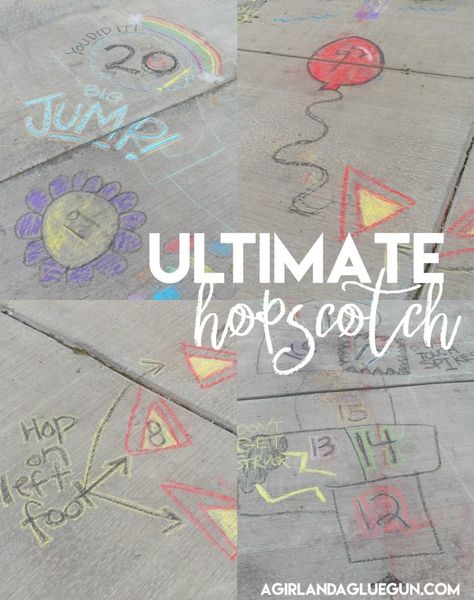 15 awesome games and activities to do with sidewalk chalk! - A girl and a glue gun Cool Hopscotch Ideas, Sidewalk Chalk Obstacle Course, Chalk Obstacle Course, Hopscotch Ideas, Sidewalk Chalk Activities, Sidewalk Chalk Games, Chalk Activities, Chalk Photos, Sidewalk Paint