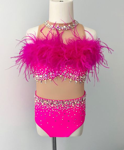 Barbie Dance Outfit, Barbie Dance Costume, Musical Theatre Dance Costumes, Pink Jazz Costume, Dance Costume, Hot Pink Jazz Dance Costumes, Pink Lyrical Dance Costumes, Dance Costume With Feathers, Sparkly Dance Costume