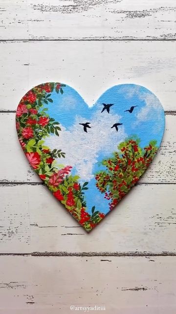 Painting On Heart Shaped Canvas, Heart Shape Canvas Painting, Heart Shaped Painting, Heart Shaped Canvas Painting Ideas, Heart Shaped Canvas, Heart Canvas, Acrylic Gouache, Sun Sets, Small Heart