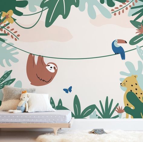 Jungle Wall Mural Kids, Draw Jungle, Kids Room Wall Paint, Kids Jungle Room, Kids Room Wall Murals, Jungle Wall Mural, Jungle Mural, Jungle Life, Kids Room Murals