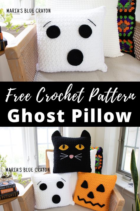 Halloween Pillow Crochet Pattern, Halloween Pillows Diy, Crochet Frankenstein, Crochet Halloween Patterns Free, Crochet Fall Decor, Scrap Crochet, Thanksgiving Crochet, Crochet Pillow Patterns Free, Blue Crayon