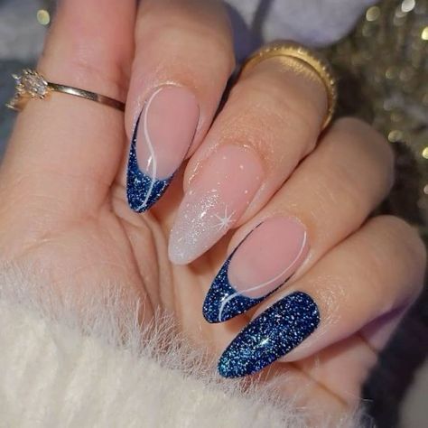 Royal Blue Nails Designs Simple, Blue Nails Ideas Prom, Royal Blue Ombre Nails Glitter, Nails Acrylic Almond Dark Blue, Blue Prom Nails Coffin, Simple Blue And Silver Nails, Blue Prom Dress Nail Ideas, Dark Blue Nails With Silver Glitter, Navy Blue Prom Nails Almond