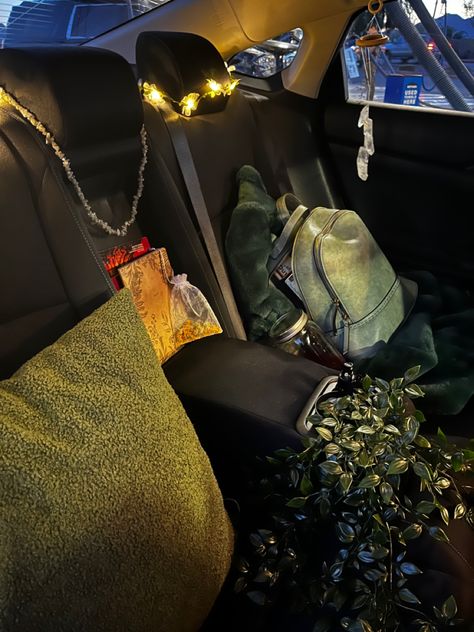 Car Decor Backseat, Car Decorations Interior Dark Aesthetic, Old Car Decorations Interior, Cozy Car Backseat, Forest Car Interior, Car Decor Aesthetic Grunge, Vintage Car Interior Aesthetic, Car Tapestry Ceiling, Car Interior Decor Aesthetic Green