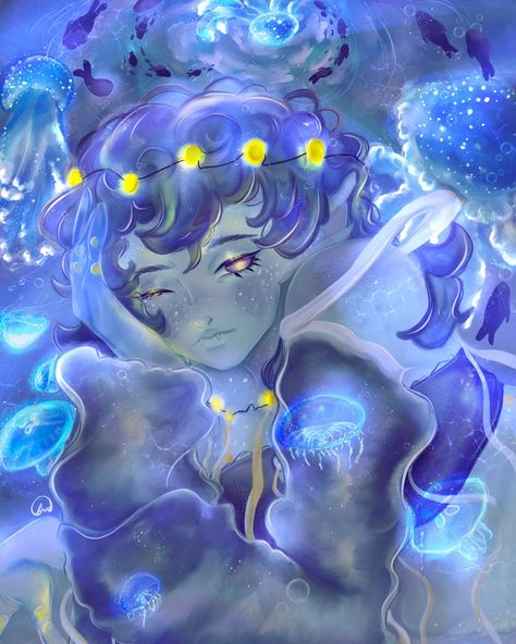 cassie under the sea 🌊🫧🩵 finally drew a digital illustration after months 😭 wanted to draw my jellyfish humanoid oc Cassius ! he’s just a lil guy who likes to sleep and collect seashells. he’s a cross between a white spotted jellyfish, a crystal jellyfish, moon jellyfish and a human (that can breathe underwater ofc). they can also turn transparent and glow at will 🌚 hope ai doesnt steal this one (i despise instagram for that) . . #digitalart #digitalillustration #digitaldrawing #drawing #dra... Jellyfish Humanoid, White Spotted Jellyfish, Spotted Jellyfish, Crystal Jellyfish, Moon Jellyfish, Breathing Underwater, Sea Art, Cute Characters, Jellyfish