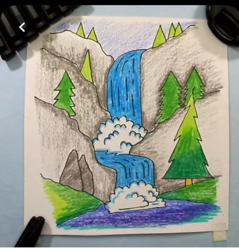 Drawing Ideas For Class 5, Drawing Ideas For School, Drawing For School, Waterfall Drawing, Drawing Pictures For Kids, Draw For Kids, Scenery Drawing For Kids, Drawings For Kids, Hand Art Kids