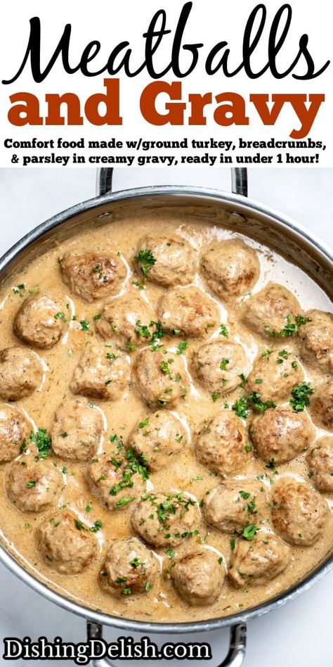 Meatballs and Gravy are a classic comfort food made with ground turkey, gluten free breadcrumbs, and fresh parsley in a creamy gravy over mashed potatoes, ready in under 60 minutes! Meatballs And Mashed Potatoes Gravy, Ground Turkey And Mashed Potatoes, Gravy For Meatballs, Meatball And Gravy, Ground Turkey Swedish Meatballs, Turkey Meatballs And Gravy, Turkey Meatballs With Gravy, Meatballs And Gravy Recipe, Meatball Gravy