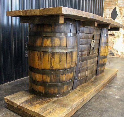 Whiskey Barrel Bar | Home Bar | Man Cave Bar | Ranchland Rustics Ltd. Diy Bar Top, Diy Whiskey Barrel, Man Cave Bar Diy, Metal Barrel Furniture, Bourbon Barrel Furniture, Bourbon Barrel Bar, Whiskey Rack, Whiskey Barrel Bar, Whiskey Barrel Table