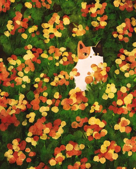 Field Flowers Illustration, Cat In Field, Mystery Illustration, Meadow Illustration, Flower Garden Drawing, Flowers And Cats, Cats And Flowers, Cottagecore Vibes, Illustration Cat