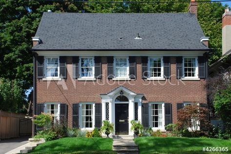 Brick House With Black Shutters, Colonial Brick House, Shutters Brick House, House With Black Shutters, Black Gutters, Red Brick Colonial, Brick Colonial House, Deerfield Academy, Front Portico