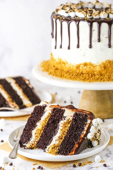 S’mores Layer Cake, S’more Cake, Smores Marshmallows, Random Desserts, Marshmallow Buttercream, Smores Cake, Chocolate Drip Cake, Bake Recipes, Smooth Cake