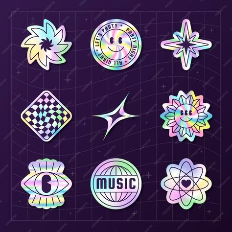 Premium Vector | Gradient holographic stickers collection Holographic Illustration, Holographic Graphic Design, Diy Holographic Stickers, Holographic Stickers Printable, Holographic Stickers Design, Stickers Collection, Vector Gradient, Holographic Stickers, Business Card Maker