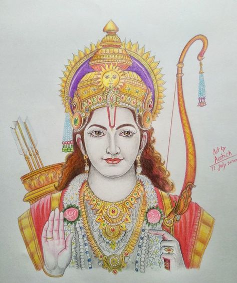 Drawing of Ram ji using Doms colour pencil. Ram Sita Drawing Pencil, Ram Sita Half Face Drawing, Ram Ji Watercolor Painting, Panting Pencil Colour, God Ram Drawing, Ram Siya Drawing, Lords Drawing, Ram Ji Painting, Lord Ram Drawing