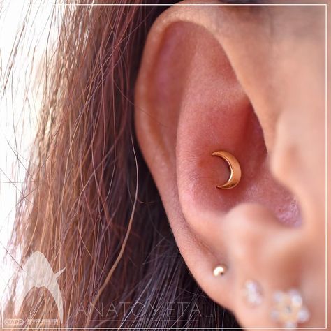 Aesthetic Ambition on Instagram: �“La Luna...she is beautiful, no? Fresh conch piercing with solid 18k yellow gold crescent moon from @anatometalinc 🌙 Piercing and photo by…” Conch Ideas Piercing, Moon Piercing, Gold Crescent Moon, Forward Helix, Piercing Ideas, Conch Piercing, Gold Moon, Conch, Crescent Moon