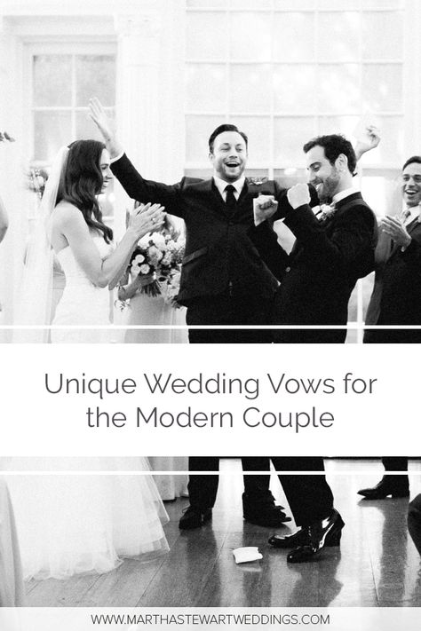 Take a cue from these brides and grooms, who traded the traditional for the unexpected by peppering your wedding vows with personal details and funny inside jokes. #uniqueweddingvows#weddingvows #modernwedding#weddingvowinspiration | Martha Stewart Weddings - Unique Wedding Vows for the Modern Couple Unconventional Wedding Vows, Officiant Wedding Script Friend, Modern Repeat After Me Vows, Wedding Vows Modern, Ceremony Script For Officiant Funny, Modern Wedding Ceremony Script, Wedding Officiant Script Unique, Friend Officiating Wedding Script, Wedding Officiant Script Funny