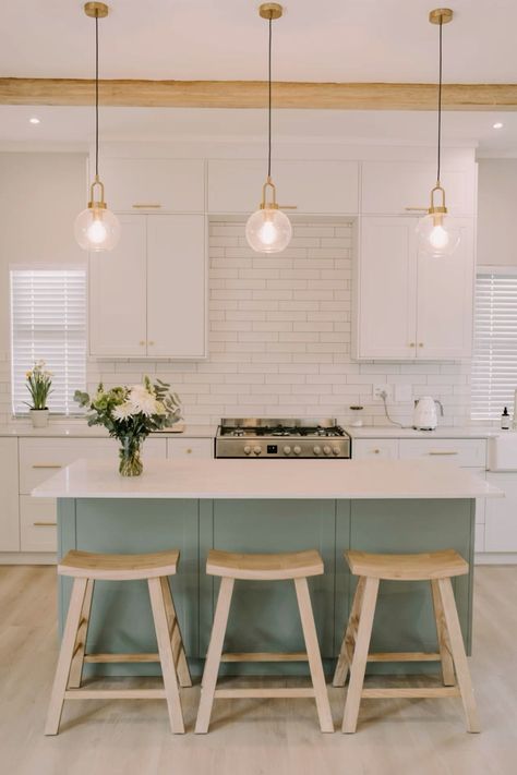 White Shaker Kitchen Green Island, White Cabinets Sage Island, Soft Green Kitchen Island, Sage Kitchen Island White Cabinets, White Shaker Kitchen With Island, White Kitchen With Sage Green Island, Sage Green Island White Cabinets, White Kitchen Sage Island, Sage Green Kitchen Island White Cabinets