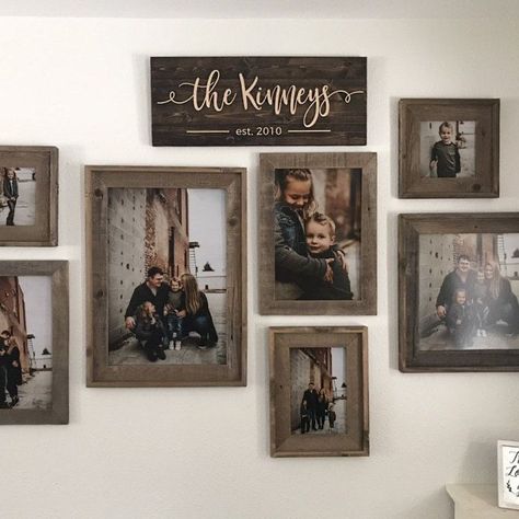 Walls With Pictures, Family Photo Gallery Wall, Picture Wall Living Room, Family Pictures On Wall, Picture Arrangements, Barn Wood Picture Frames, Display Family Photos, Family Photo Wall, Decorating Walls