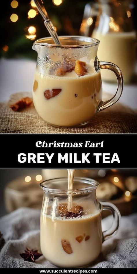 Sip on this cozy Earl Grey Milk Tea this Christmas! With its fragrant bergamot flavor and creamy milk, this tea is the perfect warm drink to enjoy by the fireplace during the holidays. Earl Grey Milk Tea Recipes, Fancy Tea Drinks, Earl Gray Tea Recipes, Afternoon Tea For One, Winter Tea Blend Recipe, Earl Grey Hot Chocolate, Creamy Tea Recipes, Christmas Tea Ideas, Christmas Tea Recipe