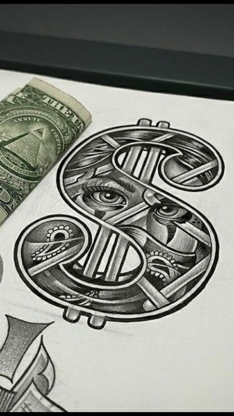 Money Hungry Drawing, Best Tattoo Stencils, Money Sign Drawing, Money Hungry Tattoo, Bulls Tattoo, 100 Dollar Bill Tattoo, Gambling Tattoos, Chicago Bulls Tattoo, Dollar Tattoo