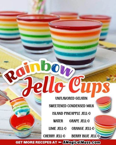 Layer these rainbow jello cups for a colorful and delicious treatGreat for magical parties or anytime you need a pretty treat. Individual Jello Cups, Rainbow Layered Jello, Layered Jello Cups, Jello Cups Ideas Parties, Jello In Cups, Jello Cups Ideas, Rainbow Dessert Ideas, Rainbow Jello Cups, Layered Dessert Cups