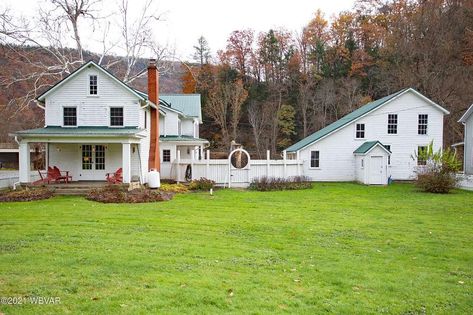 1860 Federal Farmhouse For Sale in Renovo, Pennsylvania - OldHouses.com Federal Farmhouse, Built In Shelving, Blown In Insulation, Susquehanna River, Workshop Garage, Colonial Exterior, Sounds Of Nature, Barn Workshop, New Windows