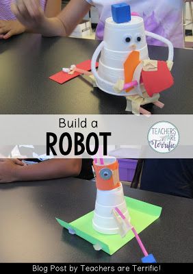 STEM Challenge for first graders! They build a robot after reading a book! Thanksgiving Activities For Kindergarten, Lego Camp, Genius Bar, Stem Centers, Elementary Stem Activities, Build A Robot, Summer Stem, Steam Challenges, Steam Ideas