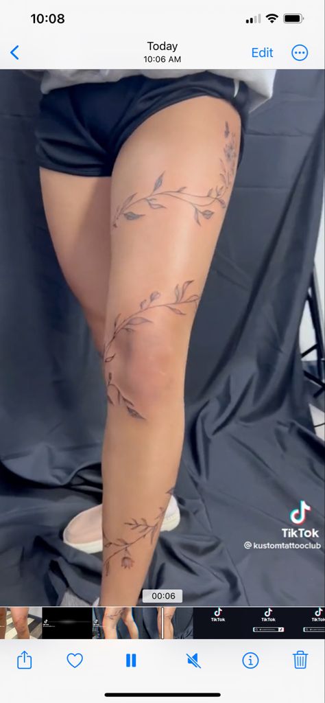 Color Spine Tattoos For Women, Flower Tattoo Wrapped Around Leg, Flower Vine Leg Tattoos Women, Mirrored Hip Tattoos, Leaf Garter Tattoo, Women Tattoos On Thigh, Vine Tattoo Around Leg, Bouquet Of Flowers Tattoo On Back, Full Body Fine Line Tattoo