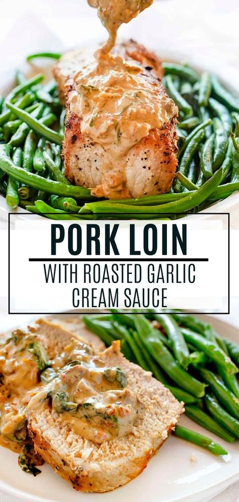 Pork Loin with Roasted Garlic Cream Sauce is a great holiday main dish recipe for dinner! These creamy garlic pork chops are tender, juicy, and topped with a delicious cream sauce. Don't forget to include this recipe at your Thanksgiving dinner party! Creamy Garlic Pork Chops, Roasted Garlic Cream Sauce, Thanksgiving Diner, Garlic Pork Chops, Garlic Pork, Recipe For Dinner, Garlic Cream Sauce, Pork Loin Recipes, Thanksgiving Dinner Recipes