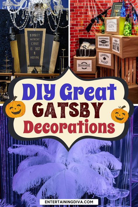 DIY Great Gatsby Decorations | Speakeasy Party Great Gatsby Gift Ideas, Gatsby Theme Party Decorations, 1920s Party Centerpieces, Gatsby Party Backdrop, Roaring 20s Speakeasy Aesthetic, 1920 Table Decorations, Diy Gatsby Decorations, Speak Easy Decorations, 1920 Party Ideas