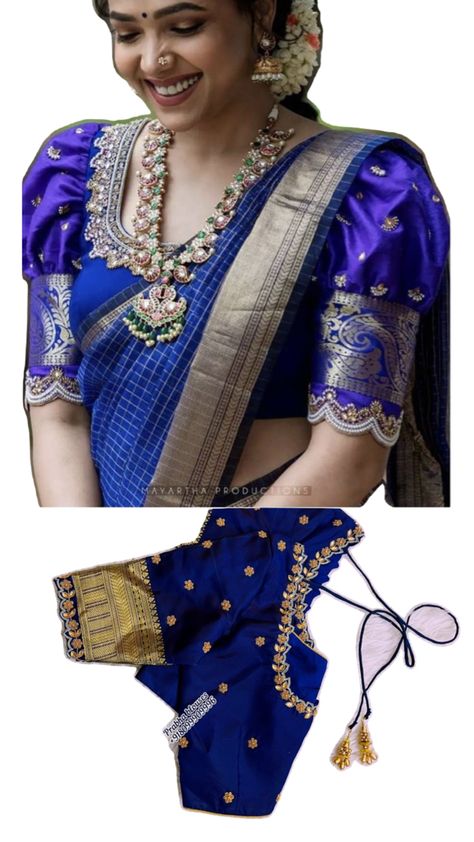 Pearl Scallops + 2-3 rows of design- flower patterns + butta hands + random small flowers on buttas Butta Blouse Designs, Blue Saree, Half Saree, Saree Blouse Designs, Small Flowers, Saree Blouse, Blouse Designs, Flower Patterns, Saree