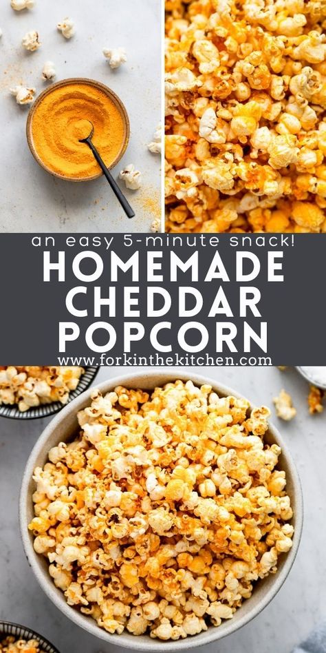 Make cheddar cheese popcorn when you're craving this crunchy, cheesy snack. You won't be able to get enough of it, and you'll love my easy shortcut for this homemade stovetop version. Diy Cheddar Popcorn, Homemade Cheddar Popcorn, Cheesy Popcorn Recipe, Cheese Popcorn Recipe Homemade, Stir Crazy Popcorn Recipes, Cheese Popcorn Recipe, Popcorn Recipes Cheese, Popcorn Homemade, Homemade Popcorn Seasoning