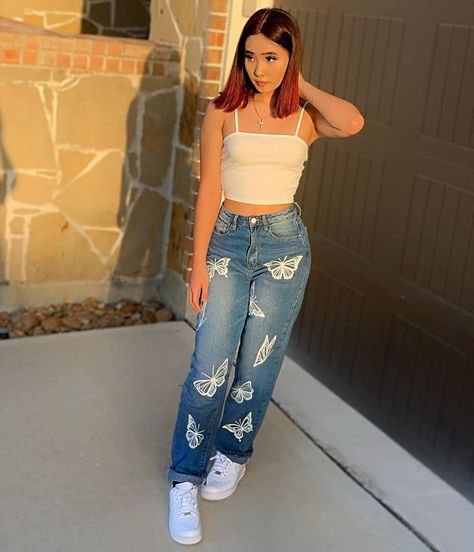 @madyylii shared a photo on Instagram: “butterfly effect” • Jul 20, 2020 at 8:07pm UTC Butterfly Jeans Outfit, Butterfly Pants Outfit, Jeans Painting Butterfly, Jeans With Butterflies, Shein Butterfly Jeans, Patterned Jeans Butterfly, Butterfly Jeans, Spring Butterfly Graphic Print Top, Butterfly Pants