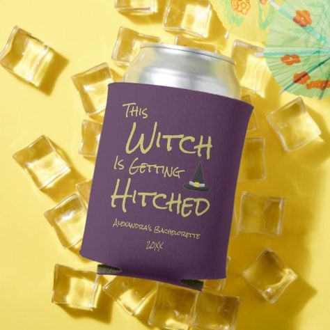 This witch is getting hitched Halloween bride to be/bachelorette #ad 50th Birthday Black And Gold, Bride To Be Bachelorette, Beer Coozie, Birthday Beer, Halloween Bride, Beer Koozies, Beer Sleeve, Getting Hitched, 50th Birthday Decorations