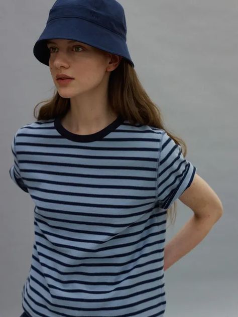 Sailor Tshirt (Blue Navy) | W Concept Nothing Written, Navy Striped Shirt, Classic Trench Coat, Basic Design, Navy Fashion, Of Outfits, W Concept, Friends Fashion, Tshirt Outfits