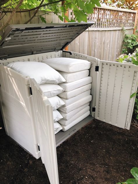 Outdoor Cushion Storage Shed - DIY and Done! - The Inspired Room Outside Cushion Storage, Deck Cushion Storage, Patio Cushions Storage Ideas, Outdoor Furniture Cushion Storage, Patio Cushion Storage Ideas Garage, Outdoor Cushion Storage Ideas Diy, Lake House Storage Shed, Patio Furniture Storage Ideas, Garden Cushion Storage Ideas