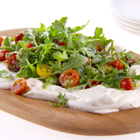 Whipped Ricotta Recipe, Ricotta Salad, Carpaccio Recipe, Cheese Salad Recipes, Giada At Home, Giada De Laurentiis Recipes, Ricotta Recipe, Cherry Tomato Salad, Whipped Ricotta