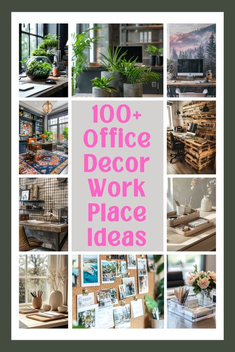 A collage of stylish office decor ideas featuring modern home offices, home studio setup inspirations, small home offices, and practical home office setup designs. Standing Desk Wall Decor, Man Office Decor At Work, Long Desk Along Wall Office Ideas, Office With No Windows Ideas Work Spaces, Inviting Office Space At Work, Cubicle Privacy Ideas, Boho Office Ideas, Cozy Work Office, In Office Decor