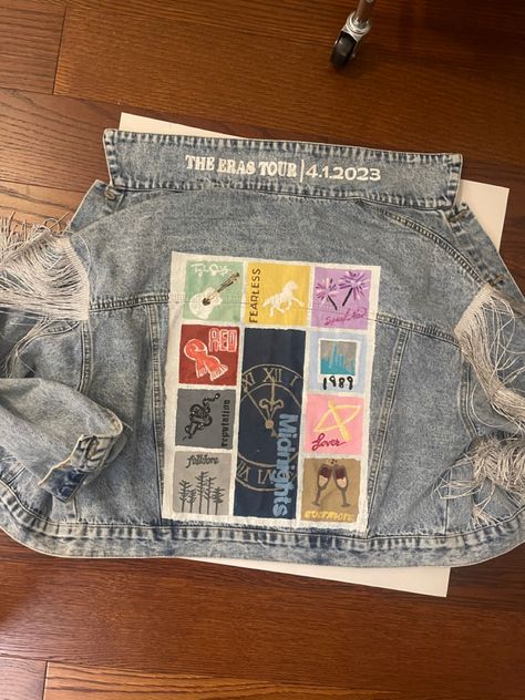 Eras Tour Painted Jean Jacket, Eras Jacket Diy, Eras Tour Jean Jacket Diy, Taylor Swift Denim Jacket Diy, Taylor Swift Painted Jacket, Jean Jacket Taylor Swift, Diy Taylor Swift Outfit, Taylor Swift Jacket Diy, Eras Tour Painting