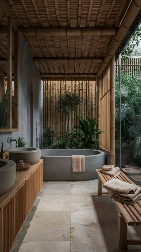 Tulum Bedroom, Modern Luxury Bathroom Design Master Bath, Zen Spa Bathroom Ideas, Bali Bathroom, Green Tile Bathroom, Garden Escape, Townhouse Exterior, Zen Bathroom, Serene Bathroom