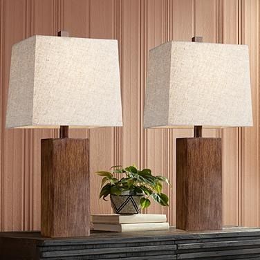 360 Lighting Darryl 23" Wood Finish Rectangular Table Lamps Set of 2 Modern Lodge Decor, Rectangular Table Lamp, Rustic Accent Table, Bedroom Nightstands, Modern Lodge, Modern Accent Tables, Rustic Bedroom Decor, Bronze Table Lamp, Tan Fabric