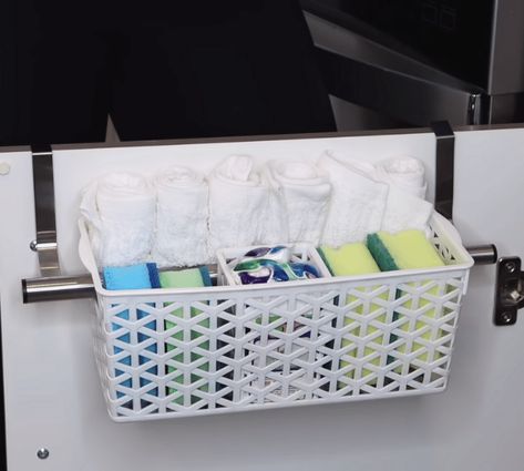 Dollar Tree Towel Bar Organizing Hacks Kitchen Cabinet Towel Bar, Hide Trash Cans, Dollar Tree Baskets, Diy Towel Rack, Hacks Kitchen, Shower Rings, Sink Mats, Organizing Hacks, Kitchen Hacks Organization